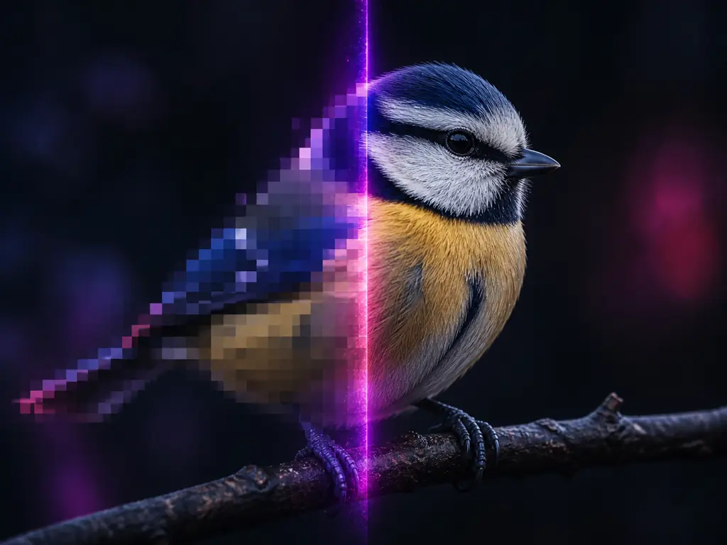 AI pixel remover rebuilding detail while it removes pixelation from image blocks