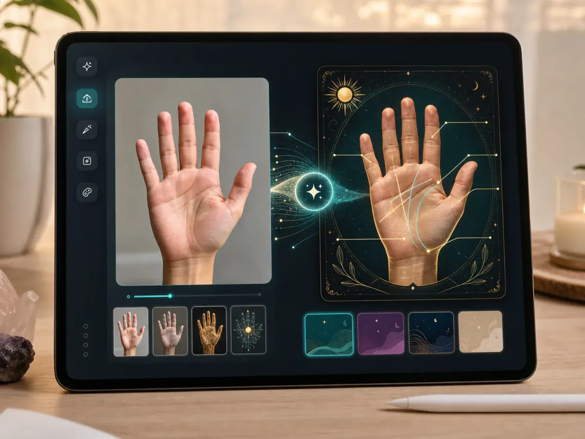 AI 手相分析介面，將手掌照片生成帶標註的手相海報