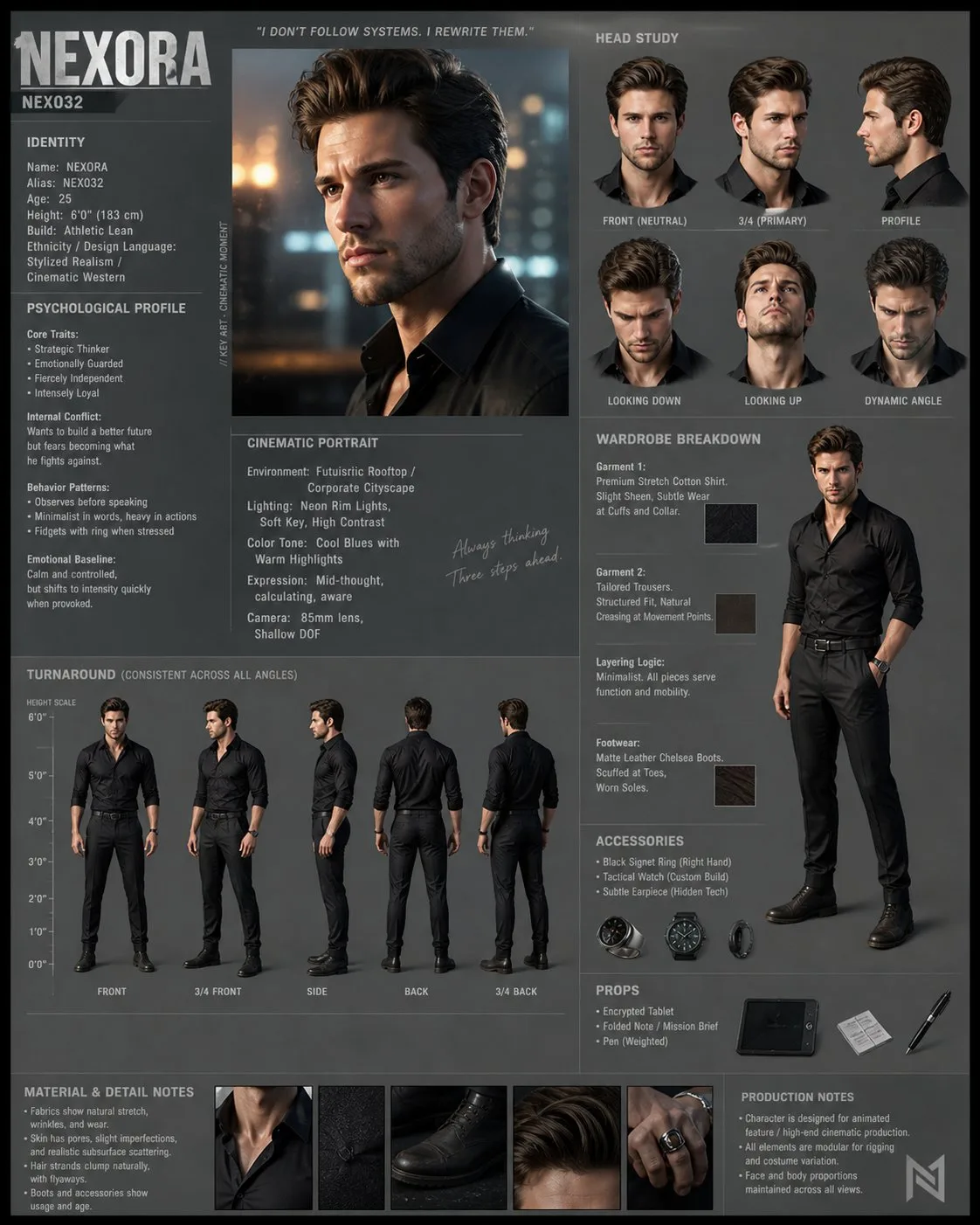 Cinematic Character Design Pitch Sheet generated image example