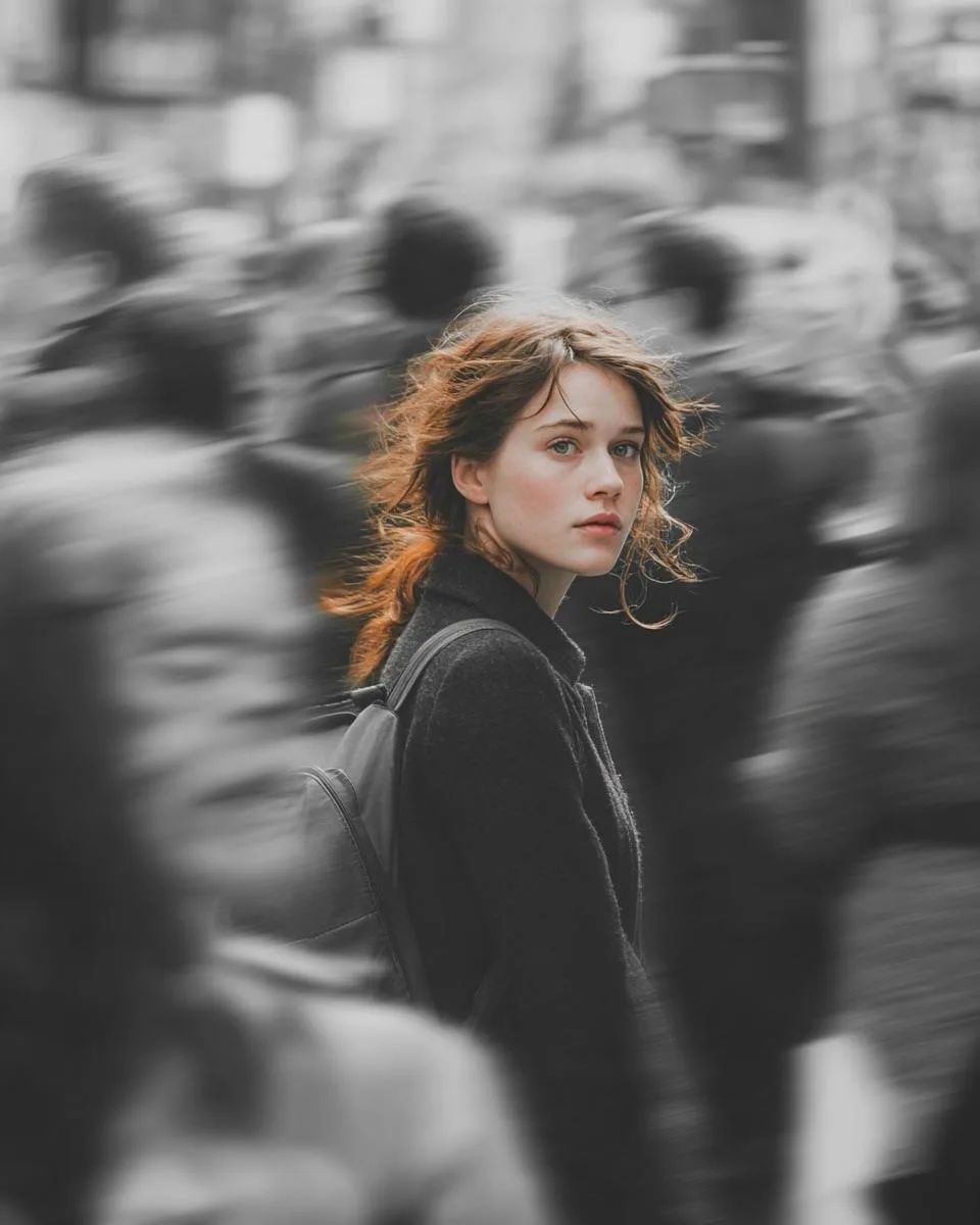 Selective Color City Crowd Motion Portrait generated image example