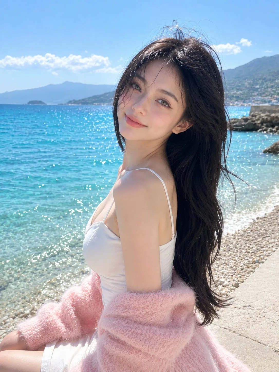 Sunny Seaside Pastel Cardigan Portrait generated image variant 2