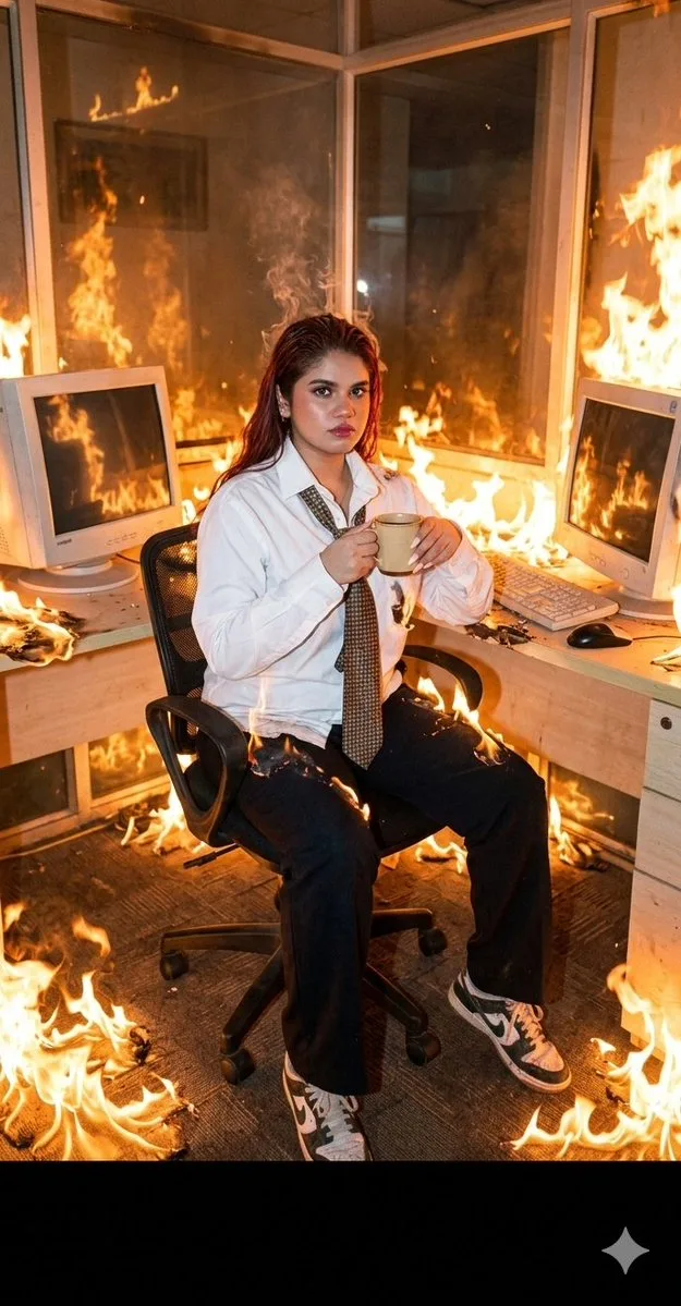 Comic / Storyboard - Absurdist Office Workspace Fire generated image example