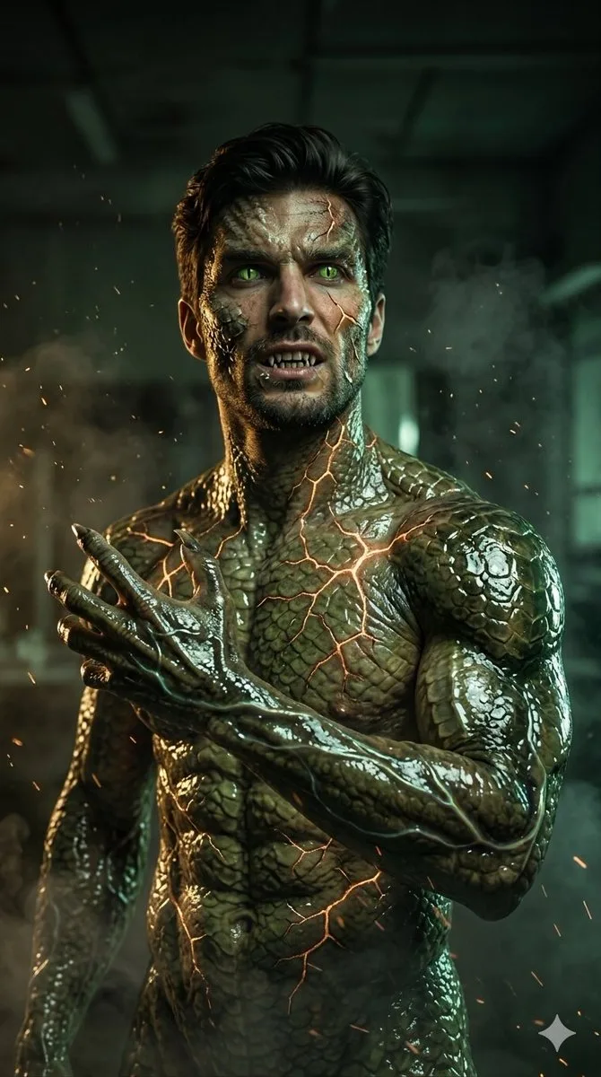 Comic / Storyboard - Cinematic Reptilian Transformation Scene generated image example