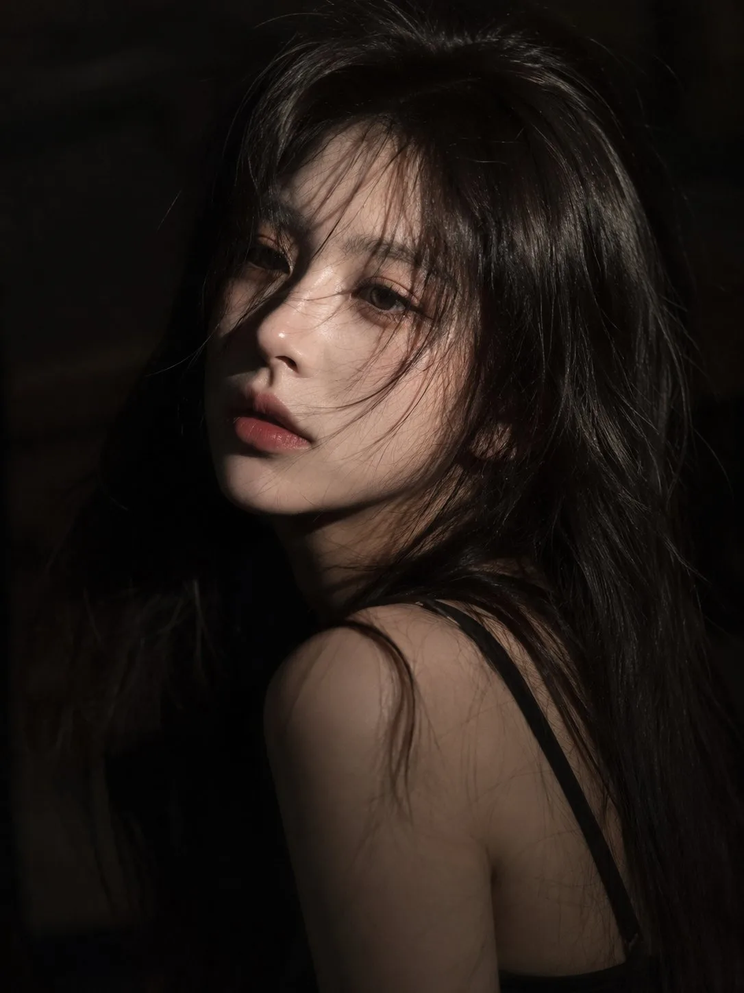 Low Key Windblown Cinematic Close Up Portrait generated image example