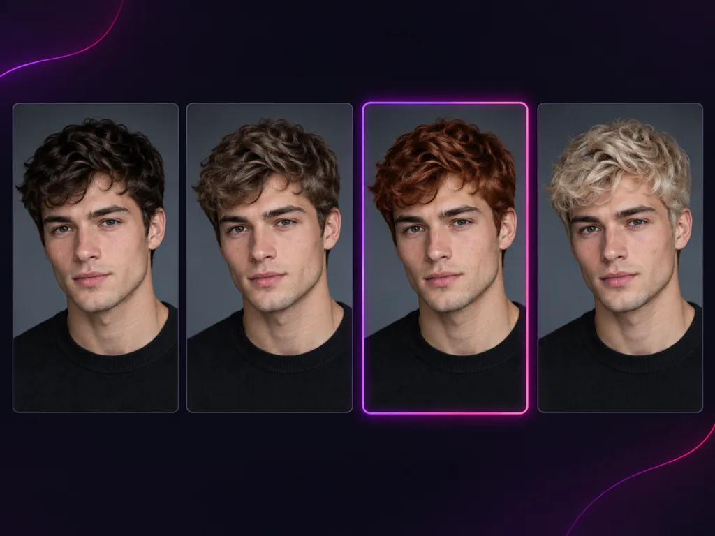 Original photo next to several hair color change results for side by side comparison