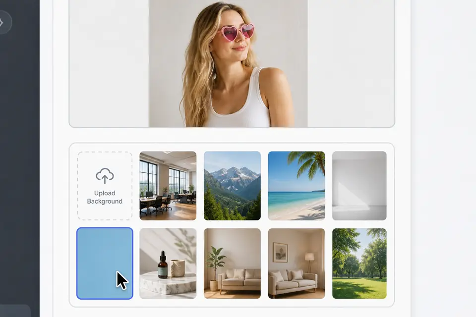 Background options including white, blue, red, custom image, and AI-generated scenes