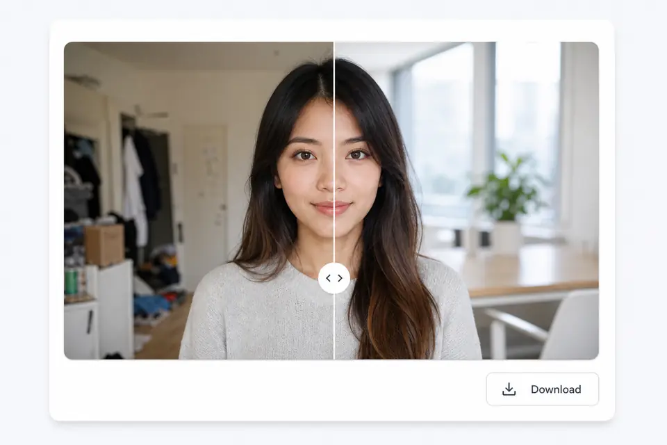 Before and after AI background changer result with download button