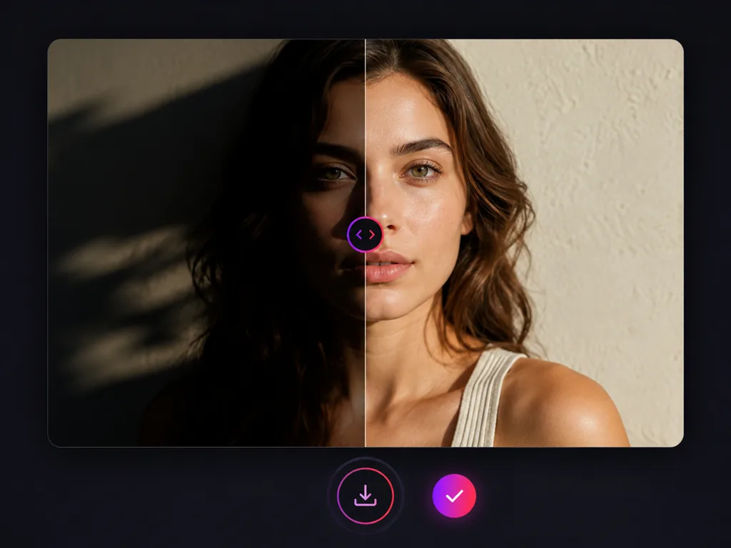 Before and after result of the photo shadow remover with a download button